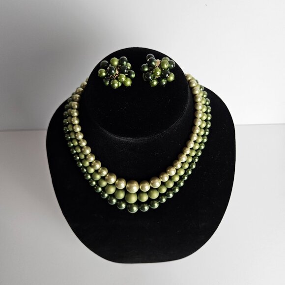 Vintage Olive Green Ombre Faux Pearl Necklace & Clip-On Earrings Set – 17" - Picture 2 of 16